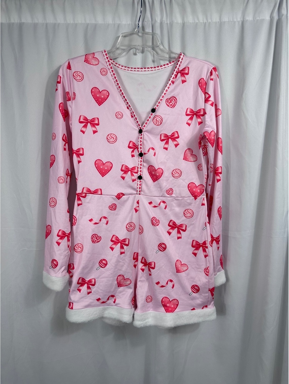 Pink Heart and Bow Print Long Sleeve Romper with Faux Fur Trim Size Medium